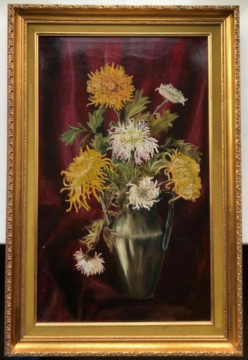 Original Antique Canvas Oil Painting Chrysanthemums & Vase Still Life Flowers Study