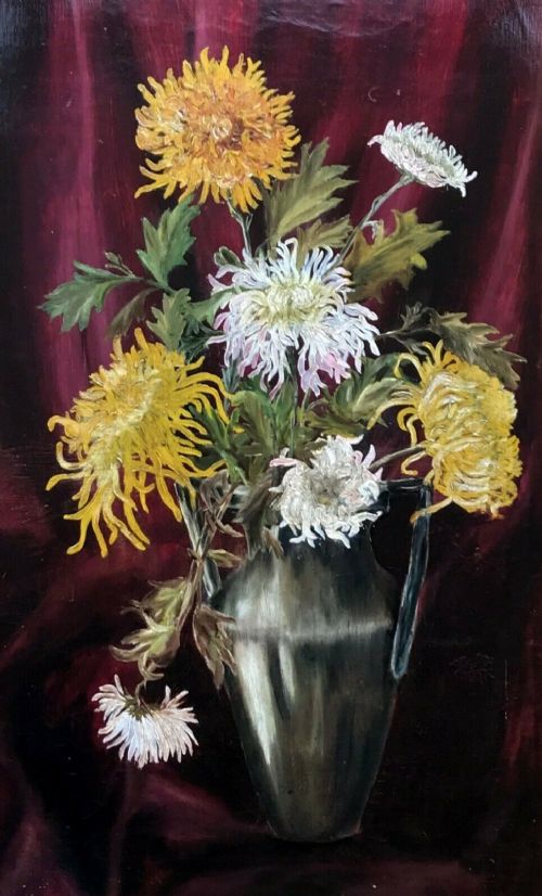 fig 1. Original Antique Canvas Oil Painting Chrysanthemums & Vase Still Life Flowers Study