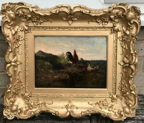 Circle of Cornelius Van Leemputten Original 19th Century Antique Oil Painting on Wooden Panel Chickens & Hay in Period Frame