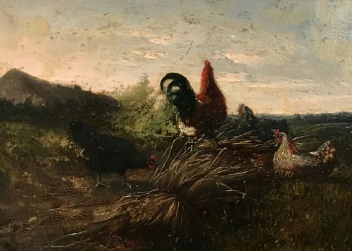 fig 1. Circle of Cornelius Van Leemputten Original 19th Century Antique Oil Painting on Wooden panel Chickens & Hay in Period Frame
