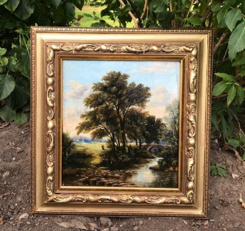 Original Early C20th Signed Antique Oil Painting on Wooden Panel Landscape River Scene with Figures