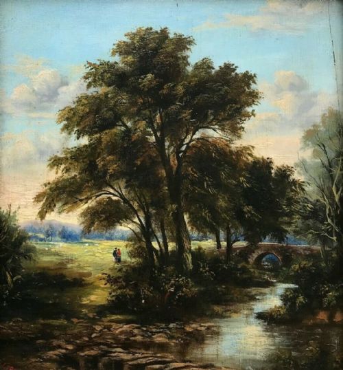 fig 1. Original Early c20th Signed Antique Oil Painting on Wooden Panel Landscape River Scene with Figures