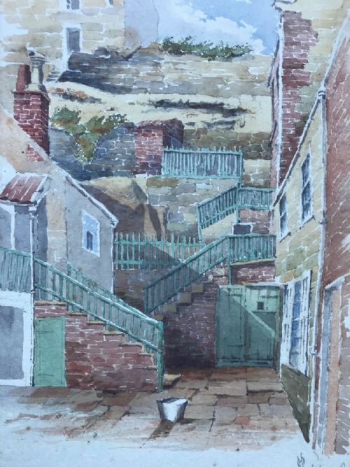 Original Antique Watercolour Painting Monogram Signed 1899 Whitby North Yorkshire Coast, Yard & Houses