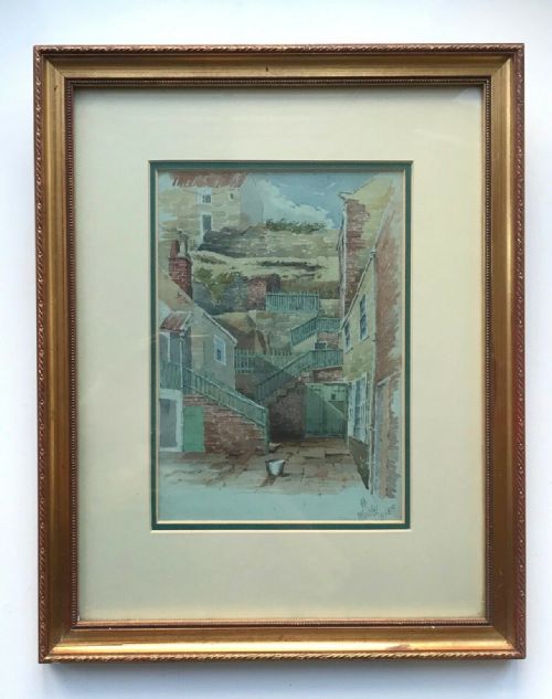 fig 1. Original Antique Watercolour Painting Monogram Signed 1899 Whitby North Yorkshire Coast, Yard & Houses