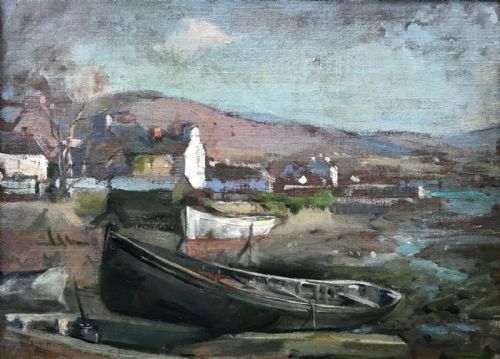 Thomas Hasted Heath Original 19th Century Oil Painting on Board Fishing Boats in Coastal Village