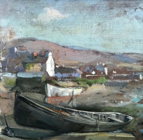 fig 1. Thomas Hasted Heath Original 19th Century Oil Painting on Board Fishing Boats in Coastal Village
