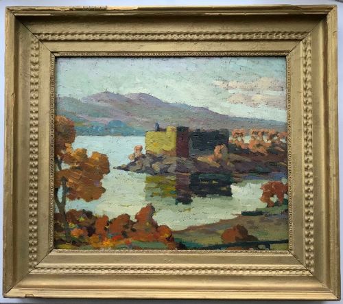 Inscribed Sickert Verso Antique Original Oil Painting Lake & Castle Landscape