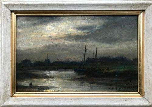 Owen Bowen Original 1915 Signed Antique Oil Painting Yorkshire Landscape Moonlight River View