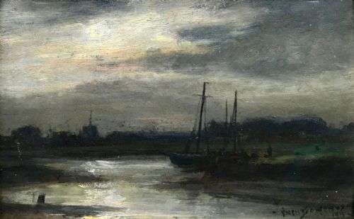 fig 1. OWEN BOWEN Original 1915 Signed Antique Oil Painting Yorkshire Landscape Moonlight River View