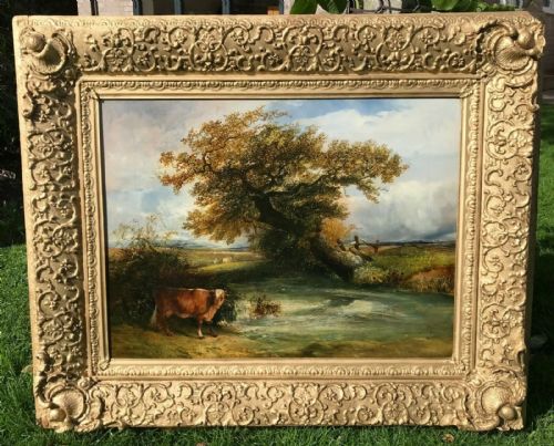 John Nicholas Rhodes Signed 1841 Original 19th Century English Rural Landscape Painting Cattle Watering by a River