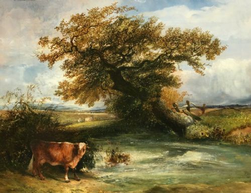 fig 1. John Nicholas Rhodes Signed 1841 Original 19th Century English Rural Landscape Painting Cattle Watering by a River