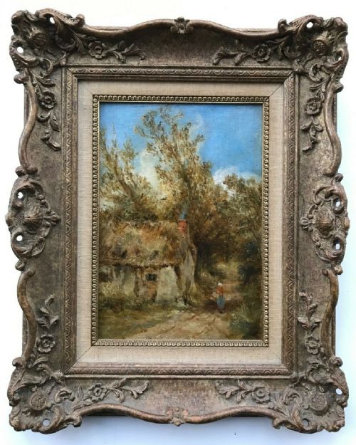 William J J C Bond Original 19th Century Antique Signed Oil Painting on Wooden Panel Rustic Cottage Landscape