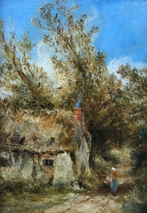 fig 1. WILLIAM J J C BOND Original 19th Century Antique Signed Oil Painting on Wooden Panel Rustic Cottage Landscape
