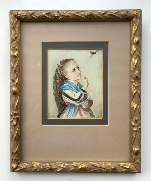 19th Century Original Antique Watercolour Painting Portrait of a  Young Girl Signed W.l. Dated 1876