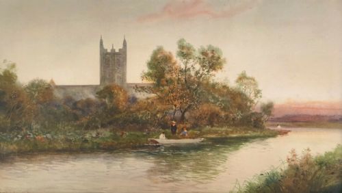 Daniel Sherrin Signed Original Antique Watercolour Painting River Scene & Church Landscape Possibly the River Avon