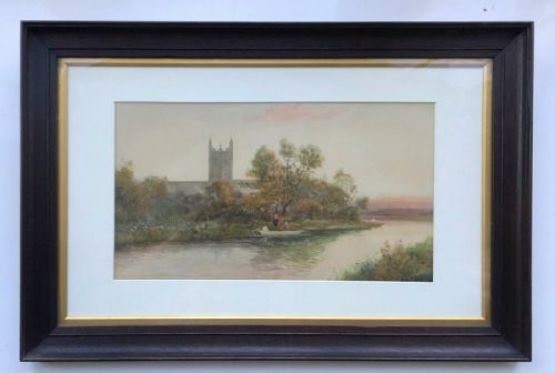 fig 1. Daniel Sherrin Signed Original Antique Watercolour Painting River Scene & Church landscape Possibly the River Avon