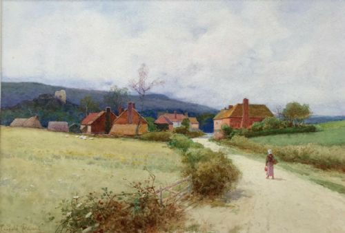 fig 1. Signed Leopold Rivers Original 19th Century Antique Watercolour Painting Rustic Village Landscape