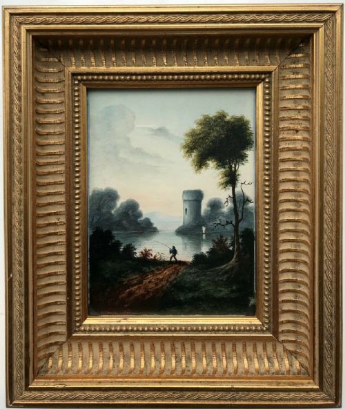 H Ferraby 1837 Original Antique Watercolour Painting Castle Lake & Fishing Scene