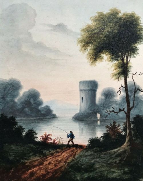 fig 1. H Ferraby 1837 Original Antique Watercolour Painting Castle Lake & Fishing Scene