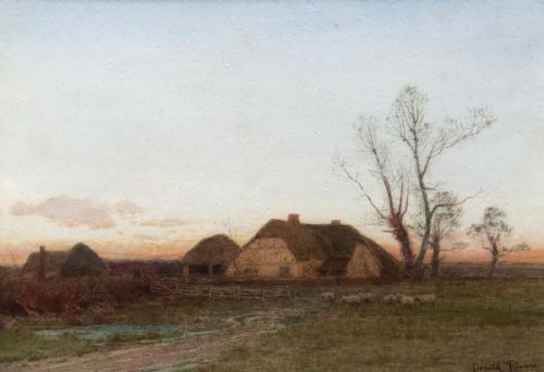 fig 1. Leopold Rivers Original 19th Century Antique Watercolour Painting Farmstead Sheep Sunset