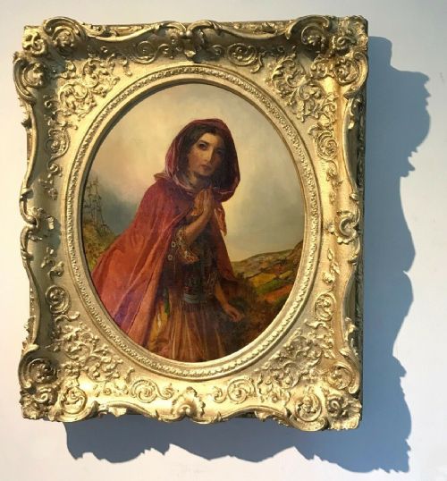 Samuel Baldwin Original 19th Century Antique Oil Painting in Period Frame Oval Portrait of a Lady in Red Cloak