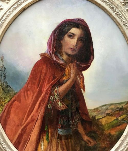 fig 1. Samuel Baldwin Original 19th Century Antique Oil Painting in Period Frame Oval Portrait of a Lady in Red Cloak