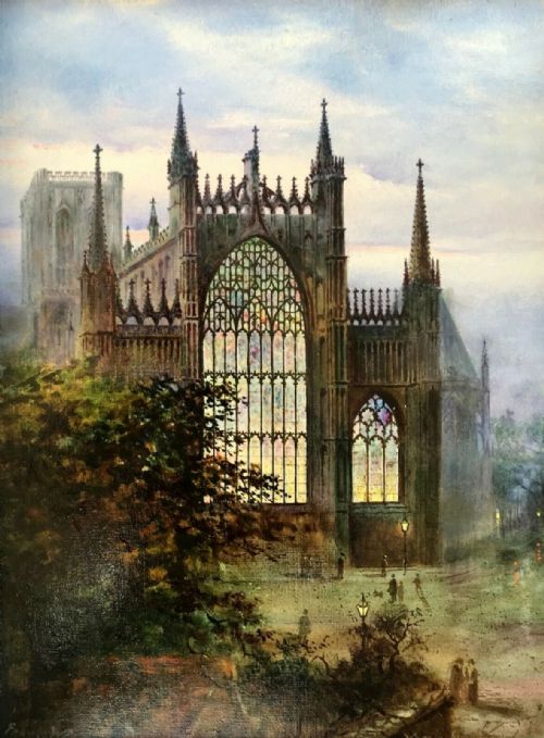 fig 1. Frank Watson Wood (1869-1953) Original Early 20th Century dated 1935 Oil Painting York Minster east Window View