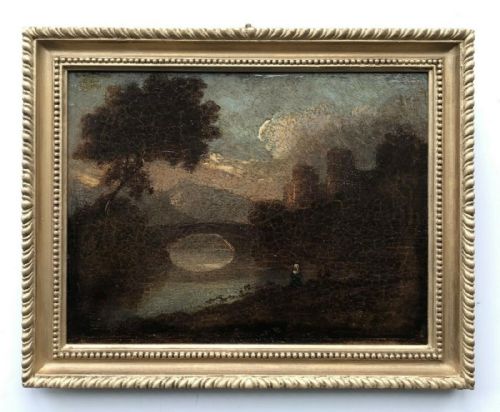 Original Early 19th Century Antique Oil Painting on Wooden Panel English School Landscape Bridge & Castle View