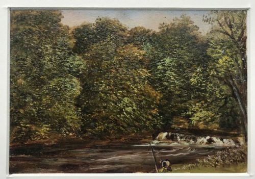 Original Antique Oil Painting on Board River Fishing Fisherman Landscape Scene
