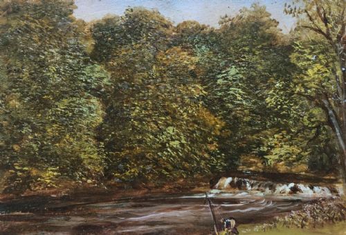 fig 1. Original Antique Oil Painting on Board River Fishing Fisherman Landscape Scene
