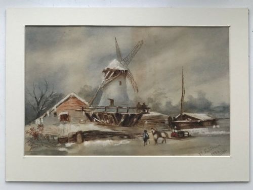 M Fieldhouse Signed Original 1896 19th Century English Antique Watercolour Painting Windmill in the Snow
