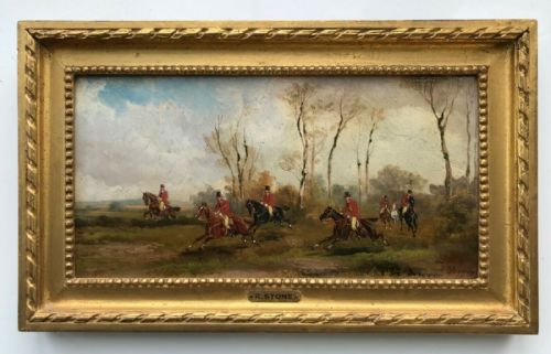 R Stone (Alfred Steinacker) Signed Original 19th Century Antique Oil Painting on Wood Panel Fox Hunting, "Full Cry"