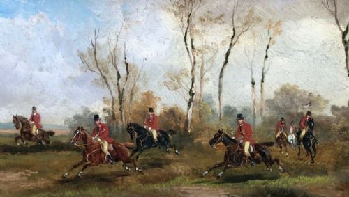 fig 1. R Stone (Alfred Steinacker) Signed Original 19th Century Antique Oil Painting on Wood Panel Fox Hunting,