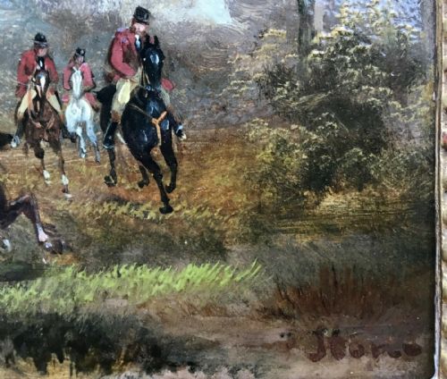 fig 2. R Stone (Alfred Steinacker) Signed Original 19th Century Antique Oil Painting on Wood Panel Fox Hunting,