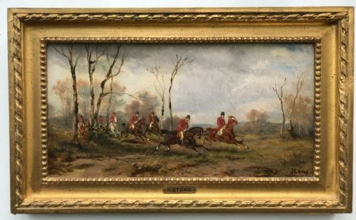 R Stone (Alfred Steinacker) Signed Original 19th Century Antique Oil Painting Fox Hunting, in Full Cry Country Landscape