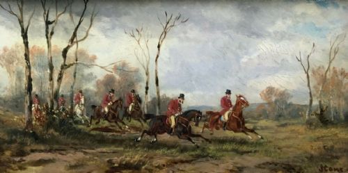 fig 1. R Stone (Alfred Steinacker) Signed Original 19th Century Antique Oil Painting Fox Hunting, In Full Cry Country Landscape