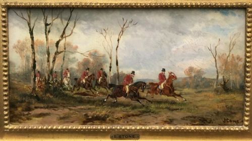 fig 2. R Stone (Alfred Steinacker) Signed Original 19th Century Antique Oil Painting Fox Hunting, In Full Cry Country Landscape