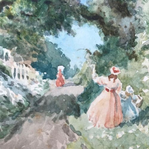 C Jones 1944 Signed Original Watercolour Landscape Painting "The Meeting" Figures in a County Lane