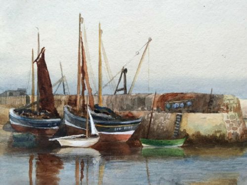 St Ives / Newlyn School Original Vintage English Watercolour Painting Fishing Boats in Harbour Seascape