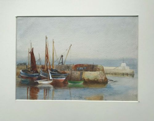 fig 1. St Ives / Newlyn School Original Vintage English Watercolour Painting Fishing Boats in Harbour Seascape