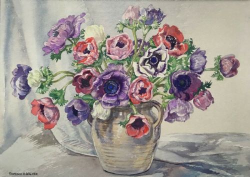 Florence R Walker Mid 20th Century Vintage English Watercolour Painting Anemone Flowers & Vase Still Life