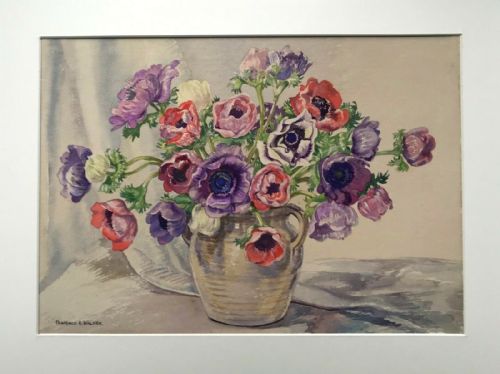 fig 1. Florence R Walker Mid 20th Century Vintage English Watercolour Painting Anemone Flowers & Vase Still Life