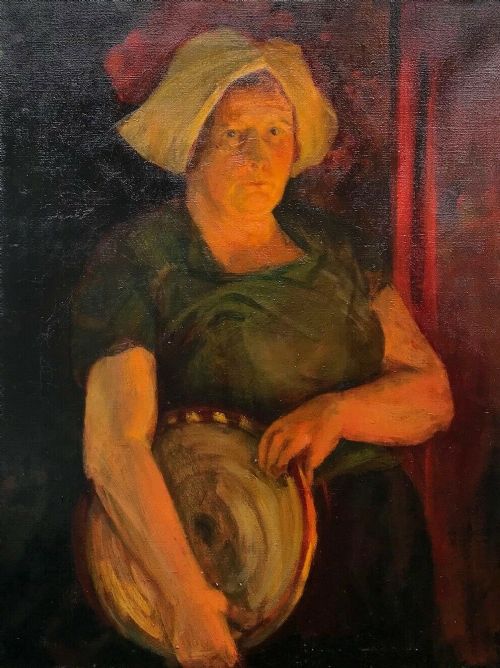 Original Early 20th Century Antique Dutch School Oil Painting on Canvas of a Lady Serving Maid, Sotheby's Provenance Verso