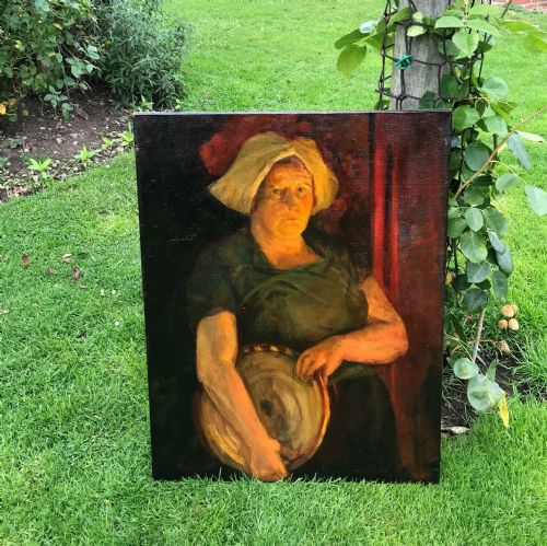 fig 1. Original Early 20th Century Antique Dutch School Oil Painting on Canvas of a Lady Serving Maid, Sotheby's Provenance Verso