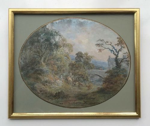 fig 1. Manner of Thomas Gainsborough (1727-1788) Original 18th Century English Antique Watercolour Painting Figures in a Country Landscape