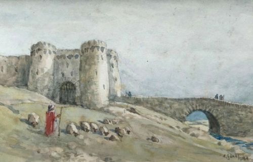 C Jones 1944 Signed Original 20th Century  Vintage Miniature Watercolour Painting 'The Old Castle'