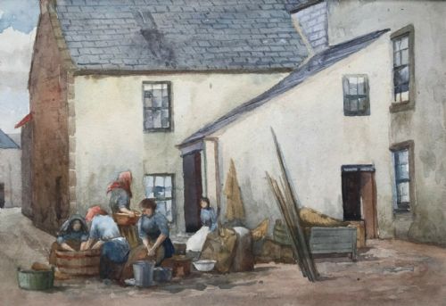 St Ives / Newlyn School Original Early 20th Century Vintage Watercolour Painting the Washerwomen