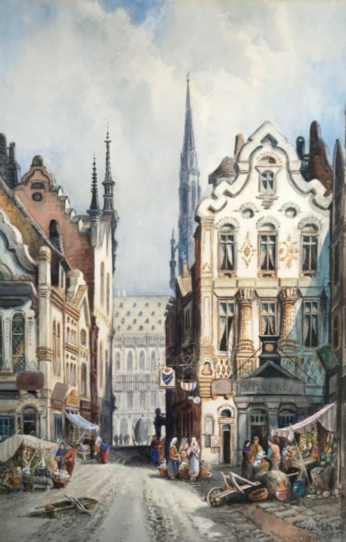 C J Keats Signed 1885 Original 19th Century Antique Watercolour Painting Brussels Market Place with Stalls & Figures