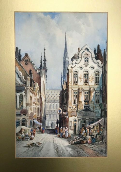 fig 1. C J Keats Signed 1885 Original 19th Century Antique Watercolour Painting Brussels Market Place with Stalls & Figures