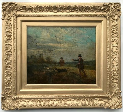 Signed English School Original  Early 19th Century Antique Oil Painting on Wooden Panel, Gentlemen & Hounds Hunting Landscape